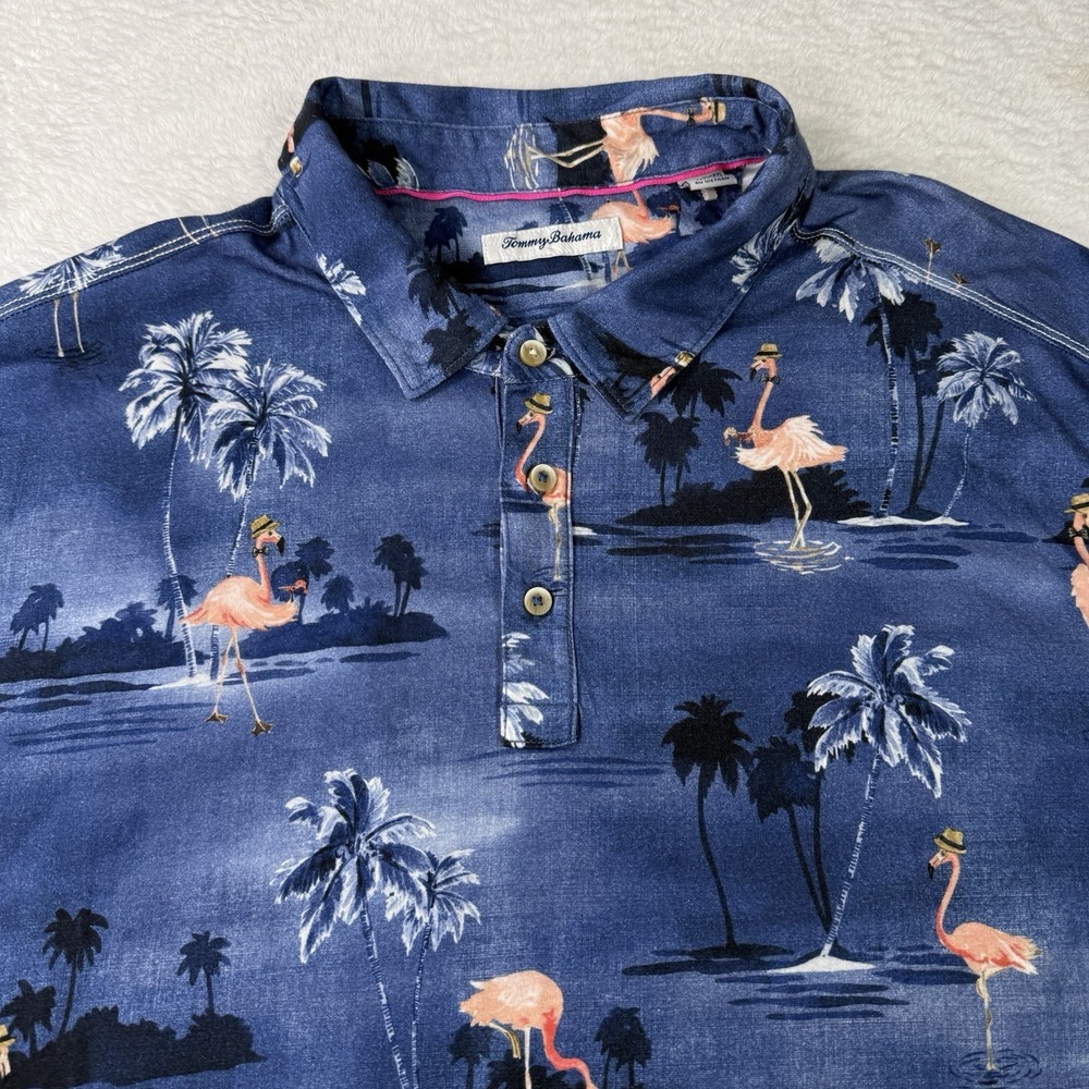 Tommy Bahama Polo Shirt Mens 3XL Blue Flamingo Palm Tree Print Casual Hawaiian
